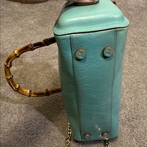 MONSAC Blue Genuine Leather Gold Accent Mini Barrel Bag with Bamboo Handles - Picture 5 of 9